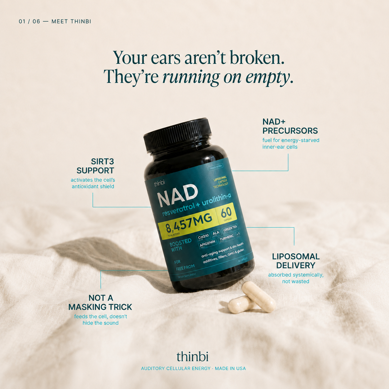 Thinbi NAD+ — Inner-Ear Cellular Energy & Oxidative Defense Support